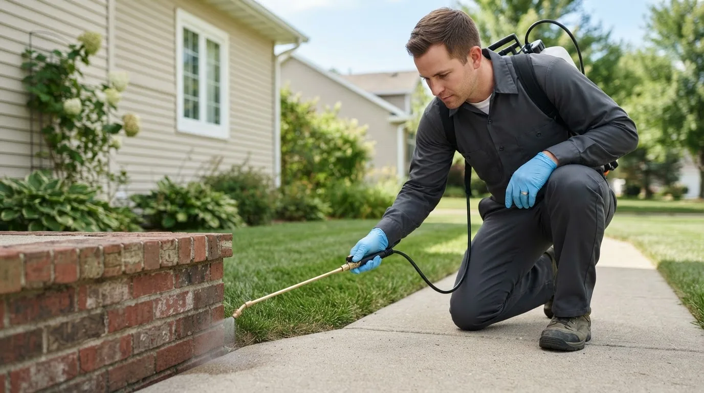 Pest control technician treating a home near Corona, NY